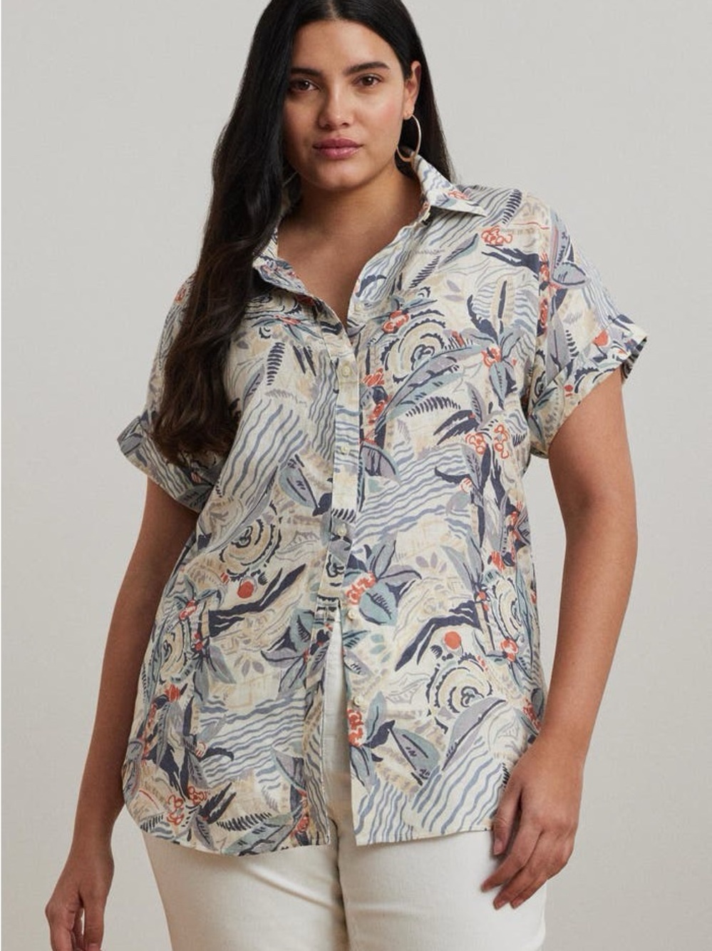 Ralph Lauren Beach Print Relaxed Fit Short Sleeve Linen Button-Up Shirt